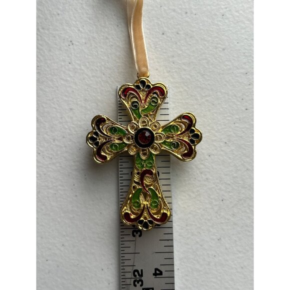 Pier 1 Imports Cloisonné Gold Tone Decorative Cross Ornament With Ribbon Hanger - Picture 6 of 8